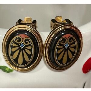 Michaela Frey Team MFT vintage oval‎ clipon earrings gold tone enamel design